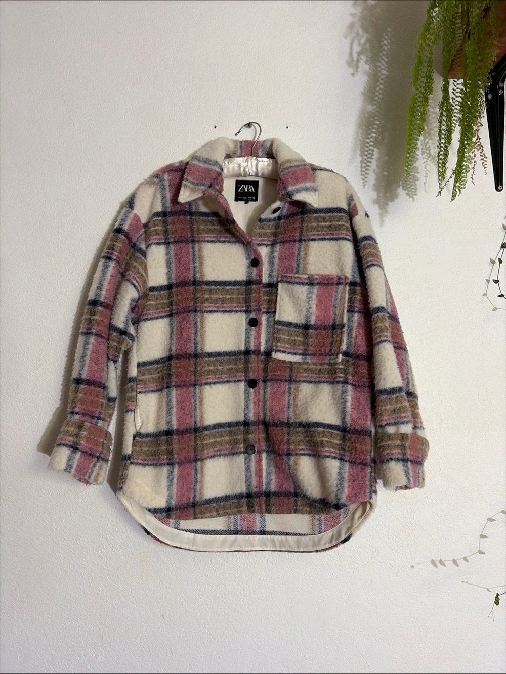 ZARA Oversized Cream Cotten Blend Plaid Flannel Shacket Jacket Shirt SMALL
